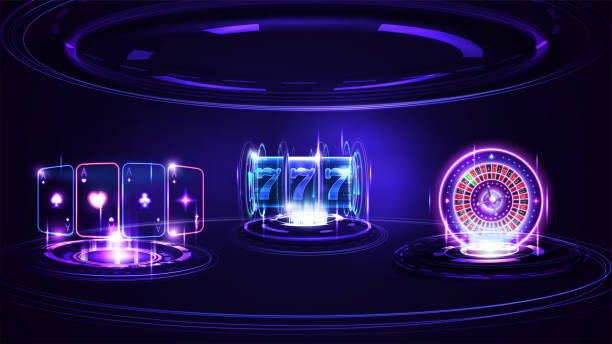 illustrations, cliparts, dessins animés et icônes de machine à sous neon casino, roue de roulette casino, cartes à jouer et hologramme d’anneaux numériques dans une scène vide sombre - roulette wheel illustrations