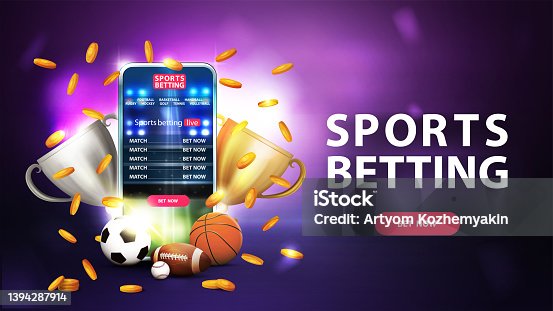 istock Sports betting, purple banner with smartphone, champion cups, falling gold coins, sport balls and button 1394287914