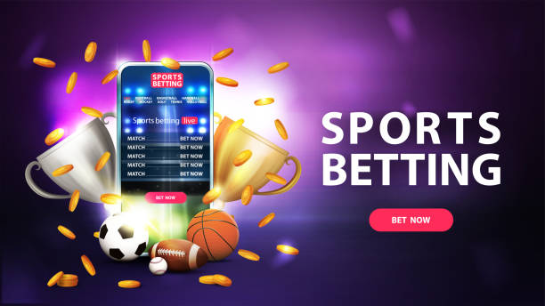 Sports betting, purple banner with smartphone, champion cups, falling gold coins, sport balls and button Sports betting, purple banner with smartphone, champion cups, falling gold coins, sport balls and button sports betting stock illustrations