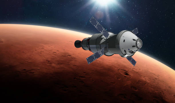 istock Spaceship on orbit of red planet Mars. Expedition and colonization of solar system. Outer space and stars on background. Elements of this image furnished by NASA 1394287936