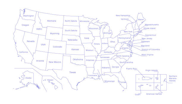 illustrations, cliparts, dessins animés et icônes de contour de la carte politique des états-unis avec les titres des états. toutes les régions usa sont séparées et nommées dans un panneau de calque - south carolina map cartography outline