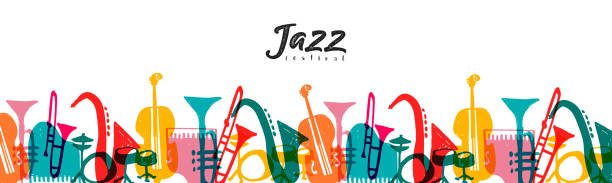 ilustraciones, imágenes clip art, dibujos animados e iconos de stock de banner de dibujos animados de doodle de instrumentos de música jazz - jazz