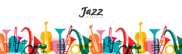 Jazz music instrument doodle cartoon banner Jazz Festival web banner template illustration of colorful doodle cartoon music instrument. Includes piano, saxophone, trumpet and more. trumpet stock illustrations