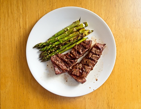 Delicious juicy sirloin tips and asparagus fresh off the grill on a white plate. Protein and vitamin packed meal prepped with olive oil and cracked pepper for a tasty indulgence. White plate on wood table lit from the side to show texture with copy space.