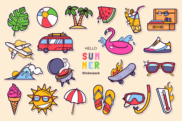 Colorful Summer stickers set in cartoon style. Summer holidays design elements - accessories, tropical plants, beach items, travel and sports objects, etc. Vector illustration Colorful Summer stickers set in cartoon style. Summer holidays design elements - accessories, tropical plants, beach items, travel and sports objects, etc. Vector illustration beach symbols stock illustrations