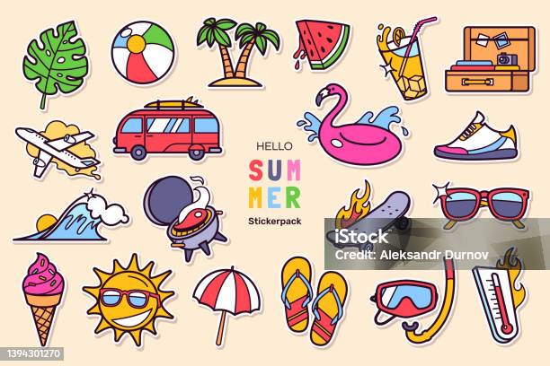 Colorful Summer Stickers Set In Cartoon Style Summer Holidays Design Elements Accessories Tropical Plants Beach Items Travel And Sports Objects Etc Vector Illustration向量圖形及更多夏天圖片