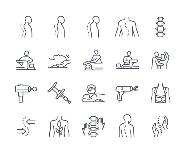 척추 지압 선 아이콘 세트 - physical therapy men osteopath human age stock illustrations