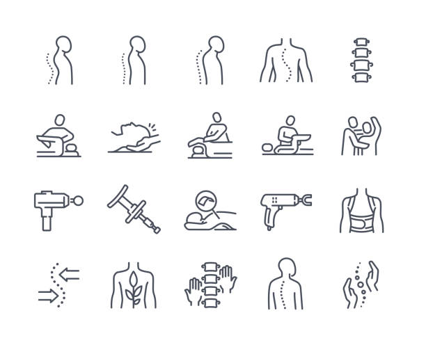 ilustrações, clipart, desenhos animados e ícones de conjunto de ícones da linha quiropraxia - fisioterapia