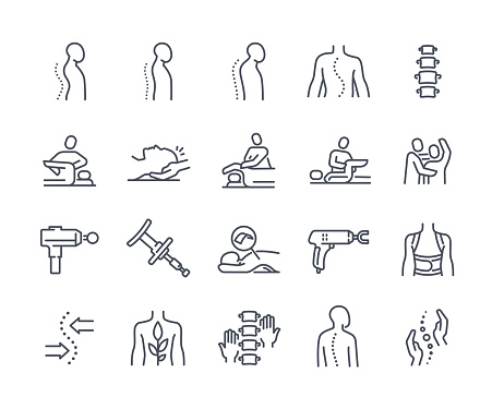 Chiropractic line icon set. Minimalistic stickers with spine, massage, bone and joint restoration and scoliosis. Medicine and treatment. Cartoon flat vector collection isolated on white background