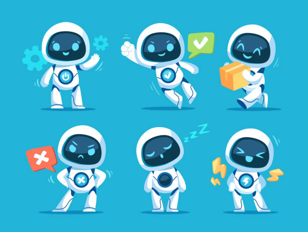 Set of cute white robots Set of cute white robots. Cyber characters with lightning bolts, cross sign, tick, box in hands and adjustment cogs. Artificial intelligence. Cartoon flat vector collection isolated on blue background robot stock illustrations