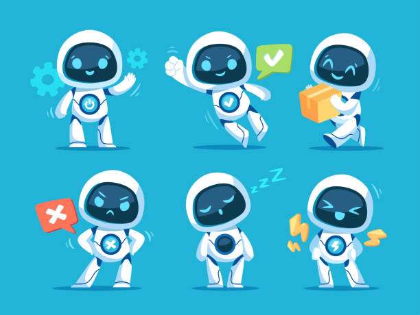 Set of cute white robots Set of cute white robots. Cyber characters with lightning bolts, cross sign, tick, box in hands and adjustment cogs. Artificial intelligence. Cartoon flat vector collection isolated on blue background mascot stock illustrations