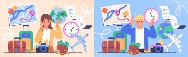 zestaw postaci przeładowanych mnóstwem zadań wakacyjnych - women travel tourist suitcase stock illustrations