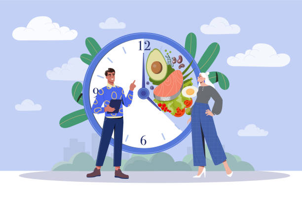 Intermittent fasting with time window for food eating Intermittent fasting with time window for food eating. Healthy diet for weight loss and blood sugar control. Food habit. Lack of evening meals. Healthy man and woman. Cartoon flat vector illustration hour hand stock illustrations