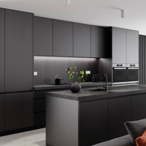istock Dark matte brown Modern minimalist apartment interior. Living room with modern kitchen 1394302775