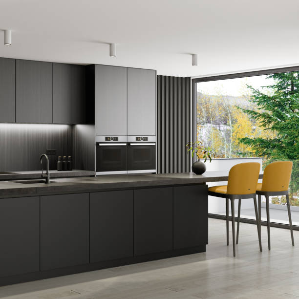 istock Modern minimalist apartment interior. Living room with modern black matte kitchen. Winter background. 1394303371