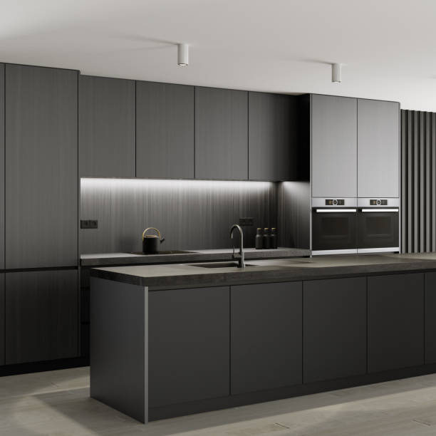 istock Modern minimalist apartment interior. Living room with modern black matte kitchen 1394303373