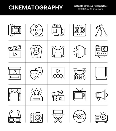 Cinematography Editable Stroke Vector Line Icons