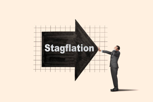 Stagflation A man covers his eyes in distress and places his hand out in front of him in an effort to stop oncoming stagflation. depression behavior businessman economic depression stock pictures, royalty-free photos & images
