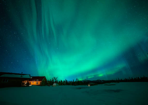 Buildings of the Northern Lights Resort and Spa just outside of Whitehorse, Canada can be seen in the foreground
