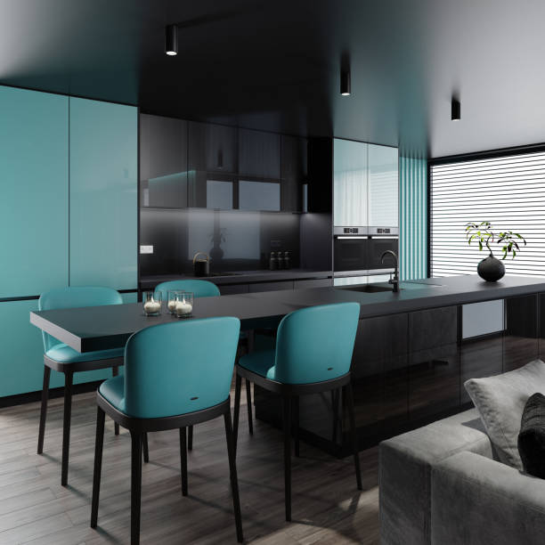 istock Blue and black Modern minimalist apartment interior. Living room with modern kitchen. Matte finish materials. 1394304886