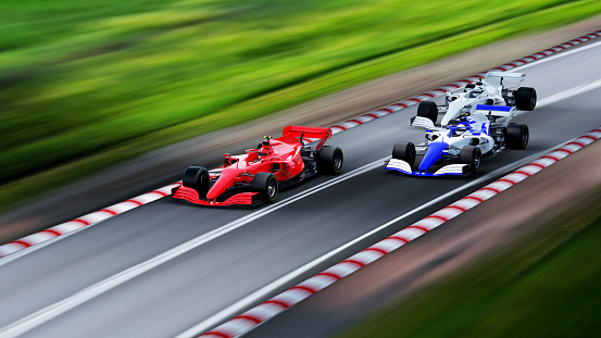 front view of fast moving generic red race car leading  group on a race track, motion blur,  3D, car of my own design.