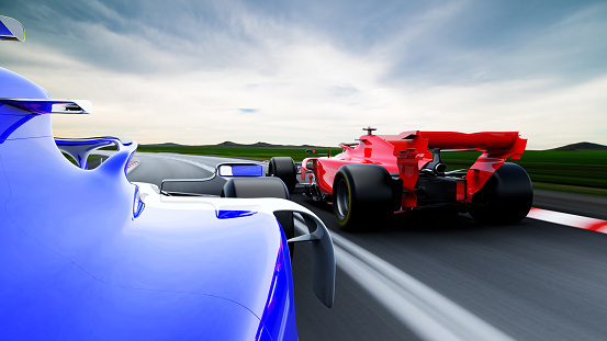 rear view of fast moving generic red race car leading  group on a race track, motion blur,  3D, car of my own design.