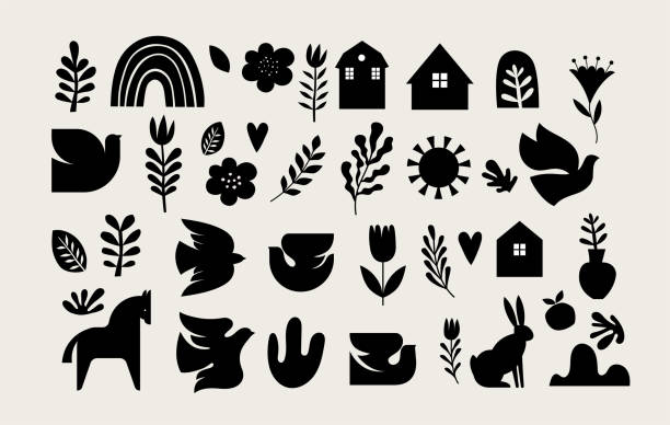 ilustrações de stock, clip art, desenhos animados e ícones de nordic folk black graphic elements and icons collection - folclórico