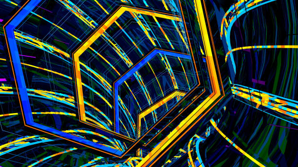 istock Futuristic tunnel with dark hexagonal structure with lines of blue and yellow lights. 3d Illustration 1394308909