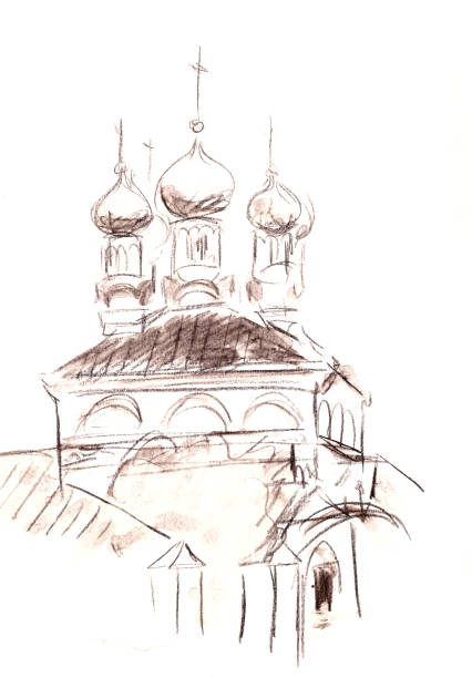 illustrazioni stock, clip art, cartoni animati e icone di tendenza di chiesa ortodossa con cupole a mosca, russia, disegno grafico in bianco e nero - illustration and painting christian orthodox vertical black and white