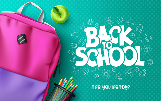 Back to school vector background design. Back to school text with backpack bag and color pencil elements in pattern background for educational study learning messages. Vector illustration.