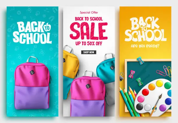 Vector illustration of Back to school vector poster set design. Back to school text with sale supplies item of bags and painting elements for student educational discount collection.