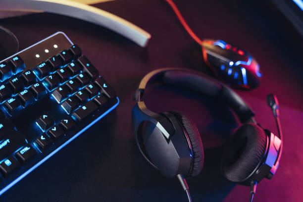 istock Professional gaming and streaming setup in neon color 1394312794