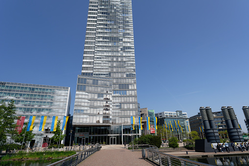 Cologne, Germany, 28, April 2022: the mediapark in the center of cologne flagged with the colors of ukraine