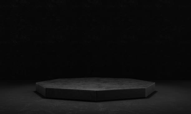 istock Black cement and concrete octagon stage podium with spotlight and dark grunge wall background. Abstract and object for advertising concept. 3D illustration rendering 1394321175