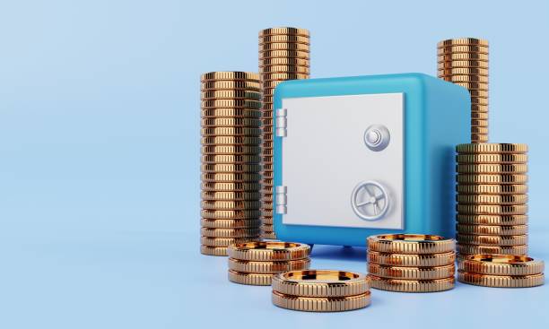 cassetta di sicurezza con monete d'oro su sfondo blu. concetto di sicurezza finanziaria economica e di risparmio di denaro. concetto di illustrazione 3d. - coin bank cash box safety deposit box lock foto e immagini stock