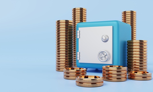 Safe box with golden coins on blue background. Financial economic and money savings security concept. 3D illustration concept.