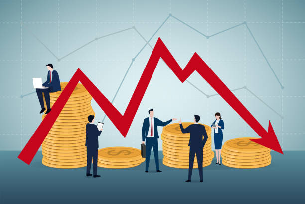 economic recession, profit and loss, business and finance, crisis Vector illustration, economic recession, profit and loss, business and finance, crisis。Businessman and woman discuss about financial figures and find the way to save it. bad investment strategy stock illustrations