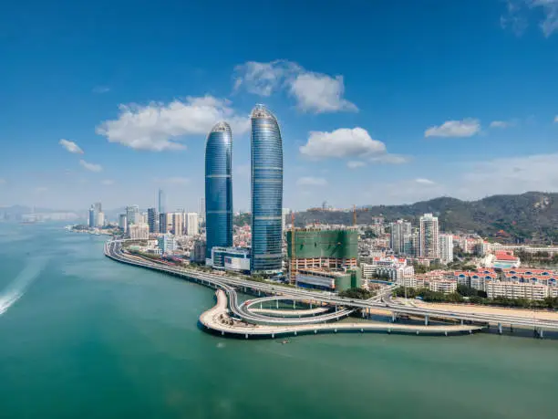 Aerial photography of Xiamen coastline and ocean seascape