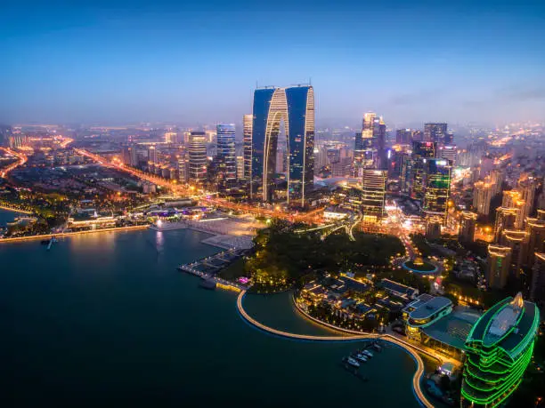 Suzhou Jinji Lake modern architectural landscape aerial photography night view