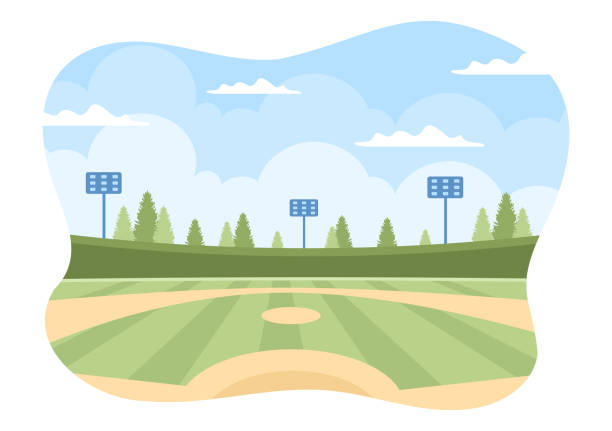 ilustrações de stock, clip art, desenhos animados e ícones de baseball player sports throwing, catching or hitting a ball with bats and gloves wearing uniform on court stadium in flat cartoon illustration - strike