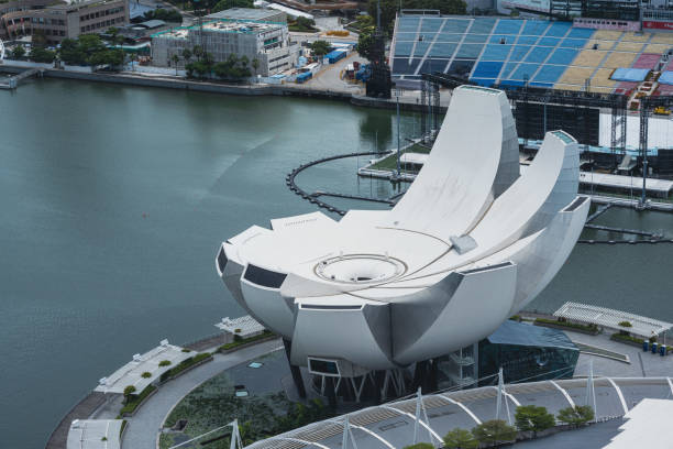 The Art Science Museum in Singapore seen from above in the afternoon.