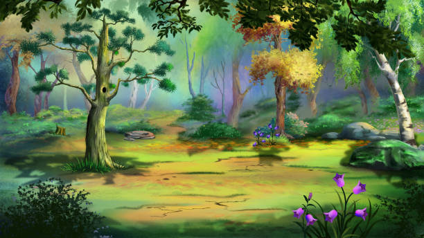 Pine tree on a Forest glade Large pine tree with a hollow in a forest clearing. Digital Painting Background, Illustration. Glade stock illustrations