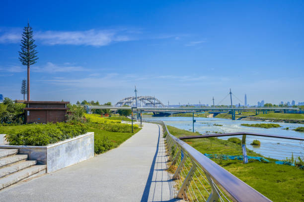 A modern park with bridges, grass and modern buildings on a sunny day