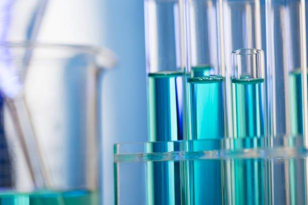 neatly arranged test tubes containing blue reagent in chemistry laboratory with beaker - stock photo - reagent imagens e fotografias de stock