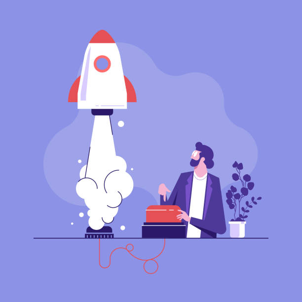 Business start up concept vector illustration Business start up concept vector illustration. Business man hand push rocket button. Vision statement, business growth metaphors, product strategy launch event stock illustrations