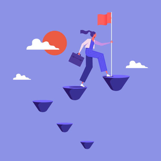 Stairway to success vector concept Stairway to success, successful businesswoman climbed up the career ladder, feminists power scoring a goal stock illustrations
