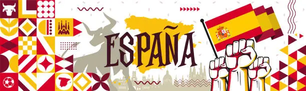 Vector illustration of Spain national day design for España or Espana with Spanish flag, map, bull and red yellow theme. Madrid skyline.