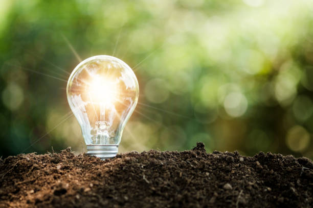istock Lightbulb on soil and sunshine. concept saving energy in nature. 1394340509