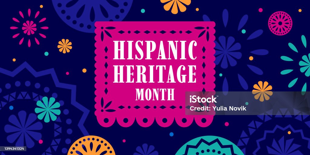 Hispanic heritage month. Vector web banner, poster, card for social media, networks. Greeting with national Hispanic heritage month text, floral pattern, on Papel Picado background. Hispanic heritage month. Vector web banner, poster, card for social media, networks. Greeting with national Hispanic heritage month text, floral pattern, on Papel Picado background National Hispanic Heritage Month stock vector