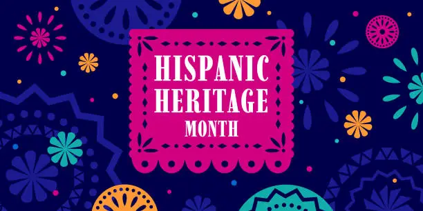Vector illustration of Hispanic heritage month. Vector web banner, poster, card for social media, networks. Greeting with national Hispanic heritage month text, floral pattern, on Papel Picado background.